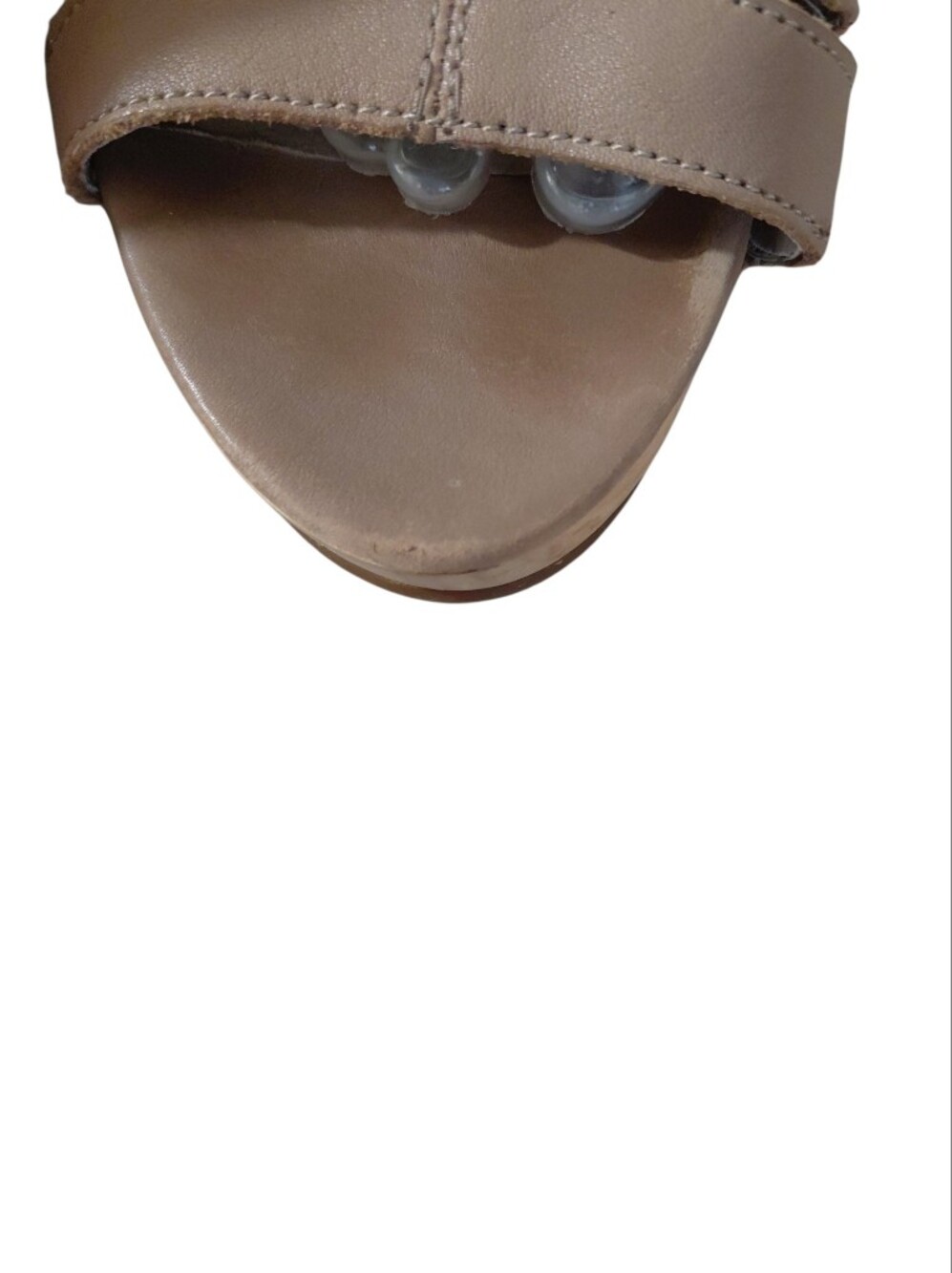 Eileen Fisher Taupe Strappy Cut Out Wood Wedge Sandals Size 8 - Picture 12 of 14